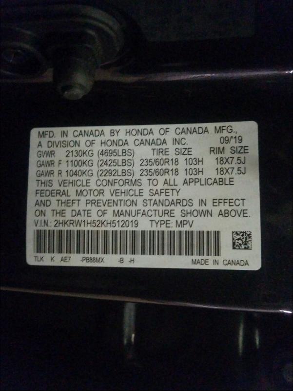 2019 HONDA CR-V EX 2HKRW1H52KH512019