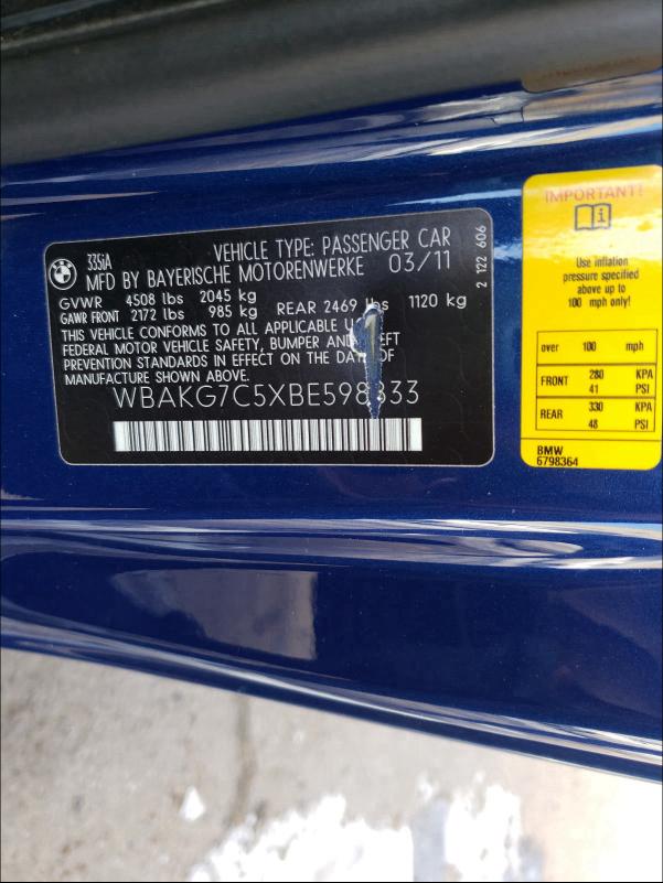 2011 BMW 335 I WBAKG7C5XBE598833