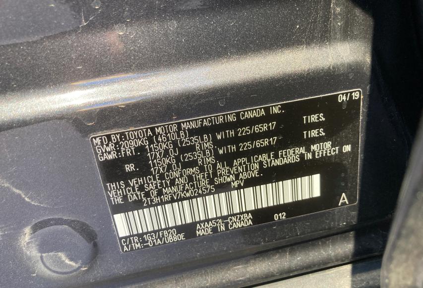 2T3H1RFV7KW024575 2019 Toyota Rav4 Le 2.5L