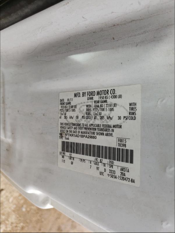 2011 FORD RANGER 1FTKR1AD1BPA29880