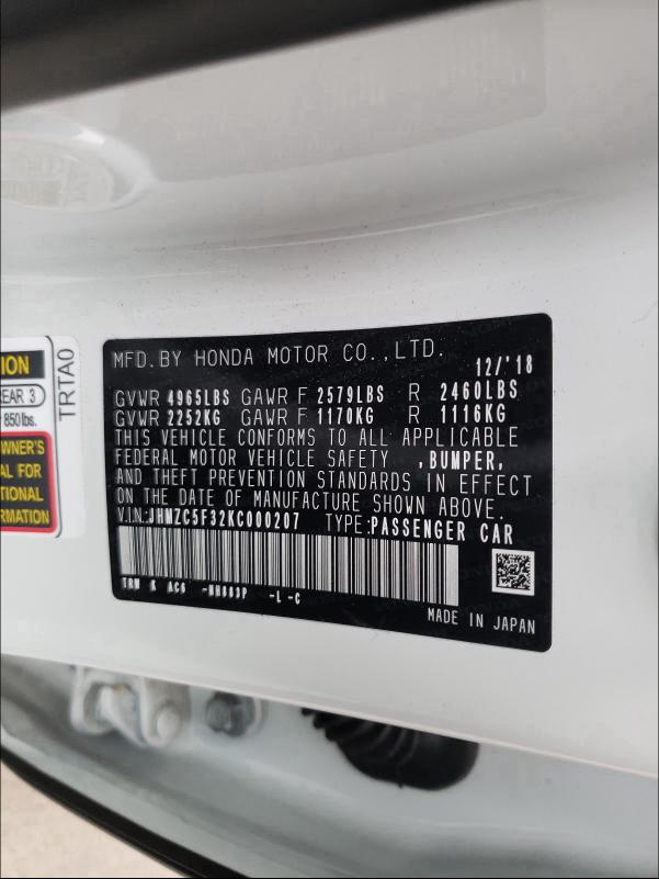 2019 HONDA CLARITY TO JHMZC5F32KC000207