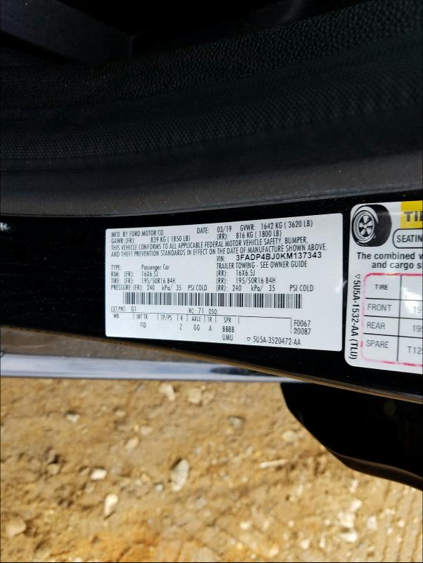 2019 FORD FIESTA SE 3FADP4BJ0KM137343