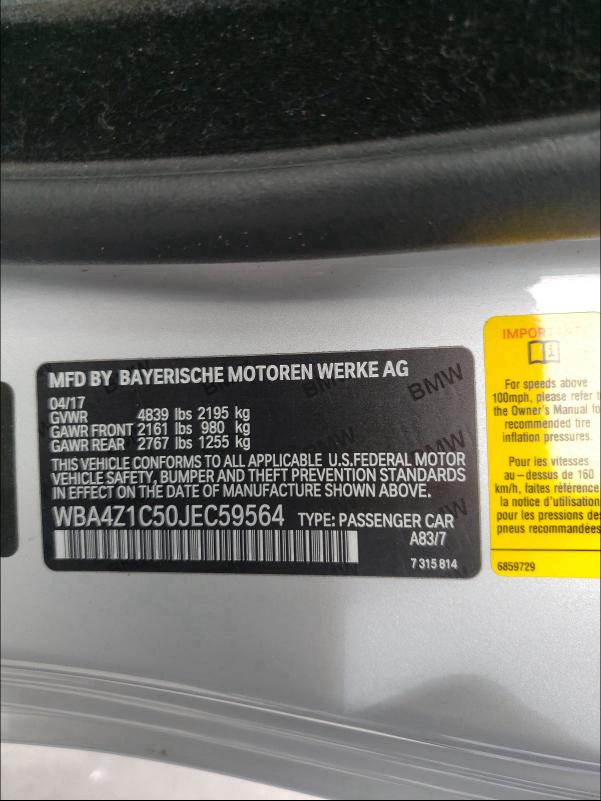 2018 BMW 430I WBA4Z1C50JEC59564