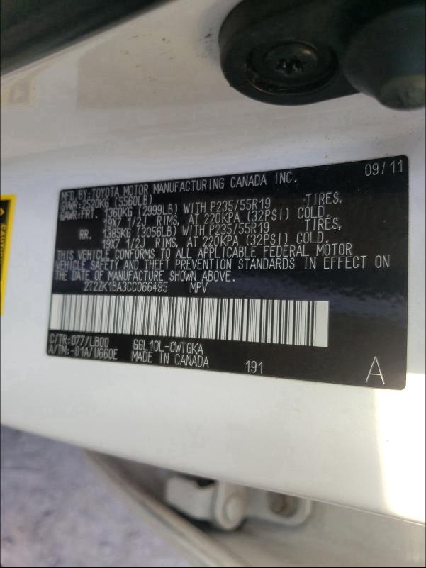 2012 LEXUS CT 200 2T2ZK1BA3CC066495