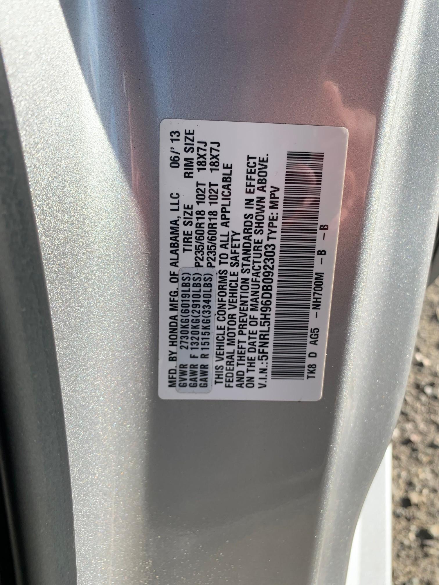 2013 HONDA ODYSSEY TO 5FNRL5H96DB092303