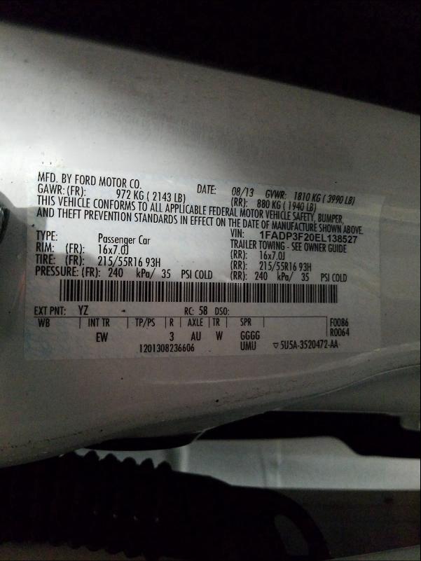 2014 FORD FOCUS SE 1FADP3F20EL138527