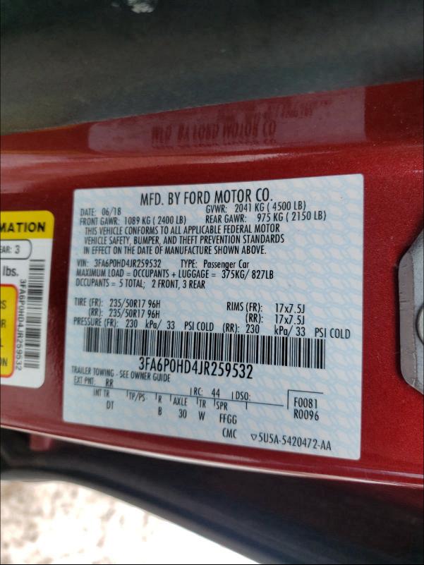 2018 FORD FUSION SE 3FA6P0HD4JR259532
