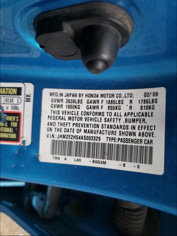 2010 HONDA INSIGHT LX JHMZE2H54AS003329