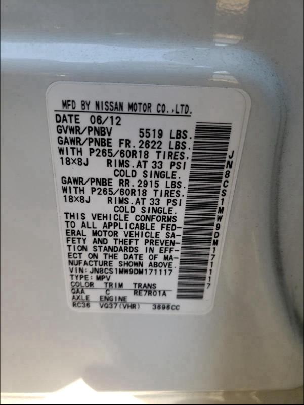2013 INFINITI FX37 JN8CS1MW9DM171117