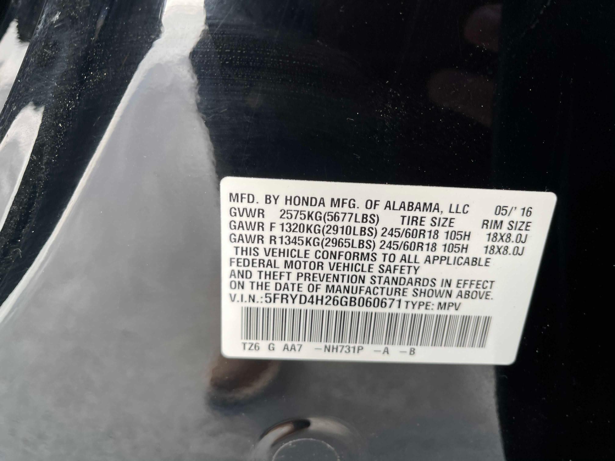 2016 ACURA MDX 5FRYD4H26GB060671