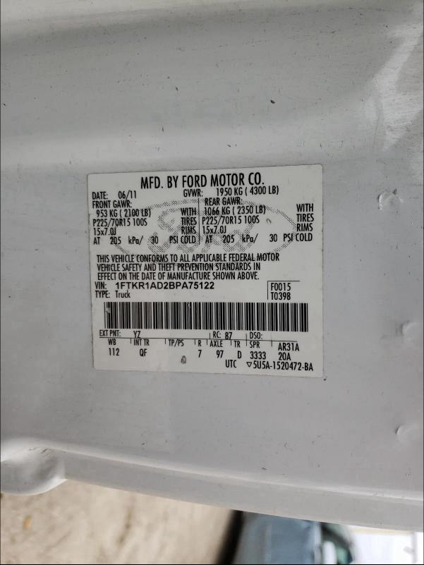 2011 FORD RANGER 1FTKR1AD2BPA75122