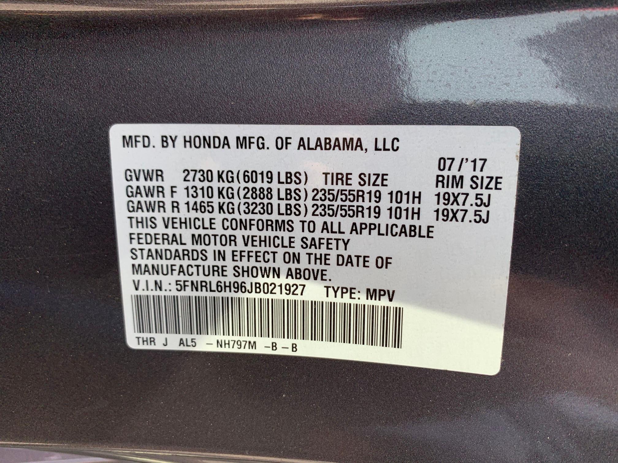 2018 HONDA ODYSSEY EL 5FNRL6H96JB021927