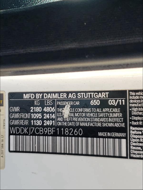 2011 MERCEDES-BENZ E 550 WDDKJ7CB9BF118260