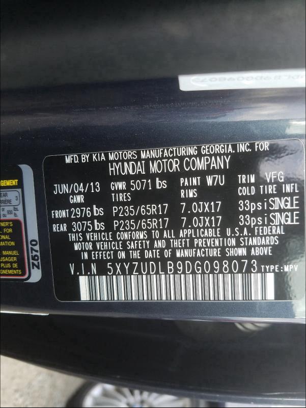 2013 HYUNDAI SANTA FE S 5XYZUDLB9DG098073
