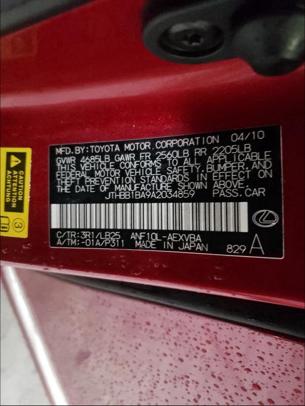 2010 LEXUS HS 250H JTHBB1BA9A2034859