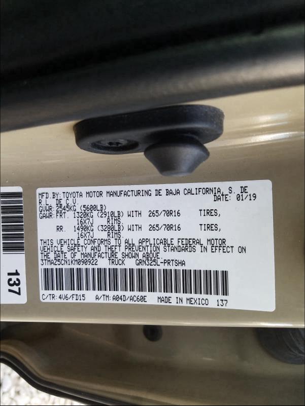 2019 TOYOTA TACOMA DOU 3TMAZ5CN1KM090922