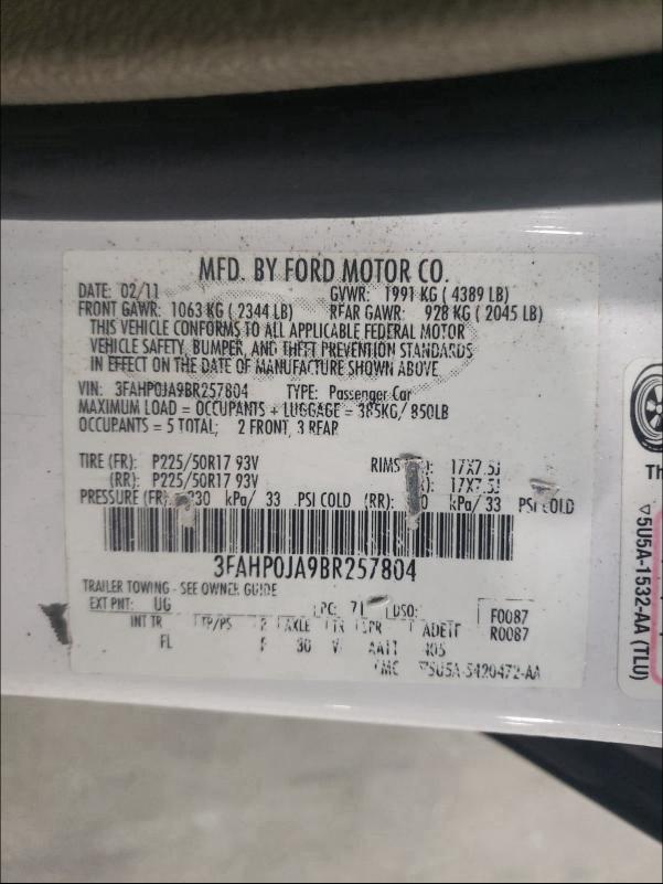 2011 FORD FUSION SEL 3FAHP0JA9BR257804