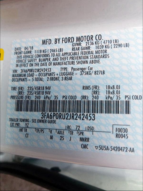 3FA6P0RU2JR242453 | 2018 FORD FUSION TIT