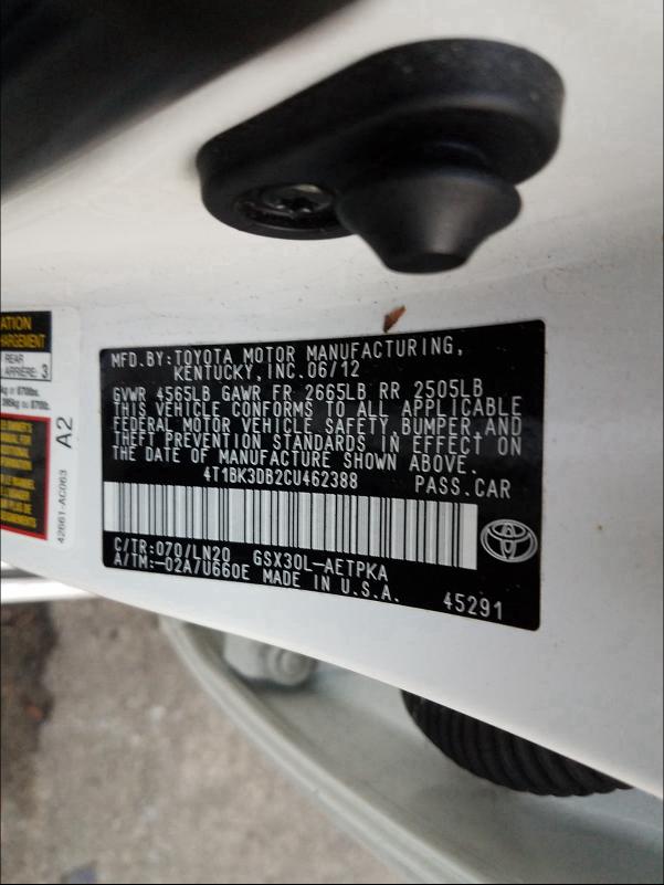 2012 TOYOTA AVALON BAS 4T1BK3DB2CU462388