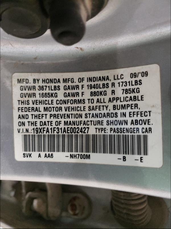 2010 HONDA CIVIC VP 19XFA1F31AE002427
