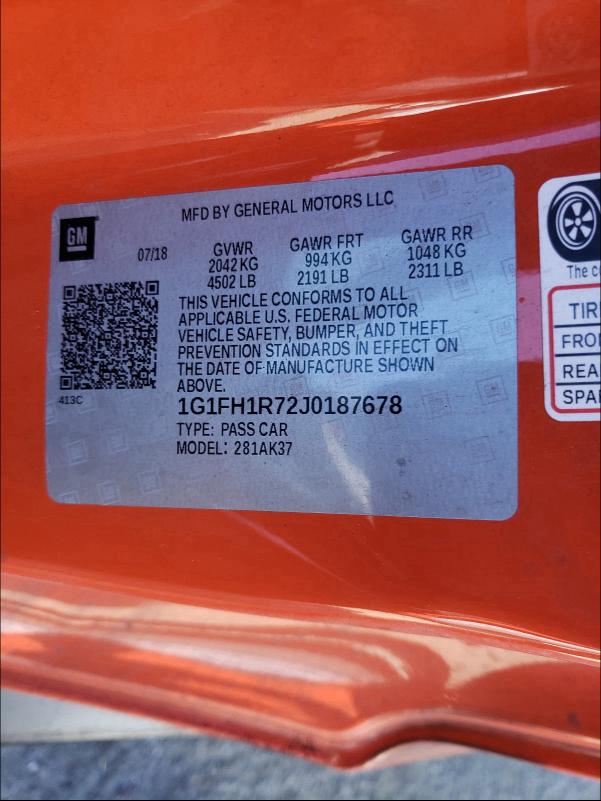 2018 CHEVROLET CAMARO SS 1G1FH1R72J0187678