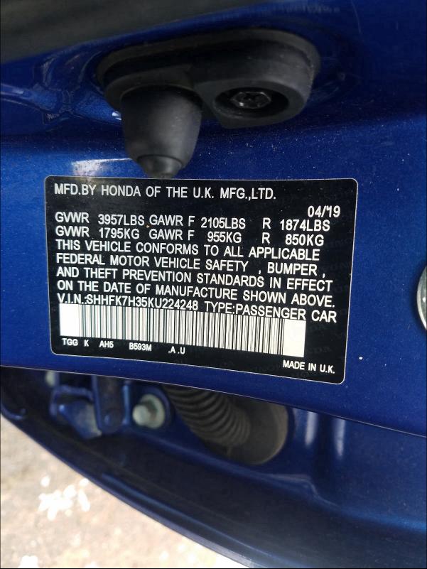 2019 HONDA CIVIC LX SHHFK7H35KU224248