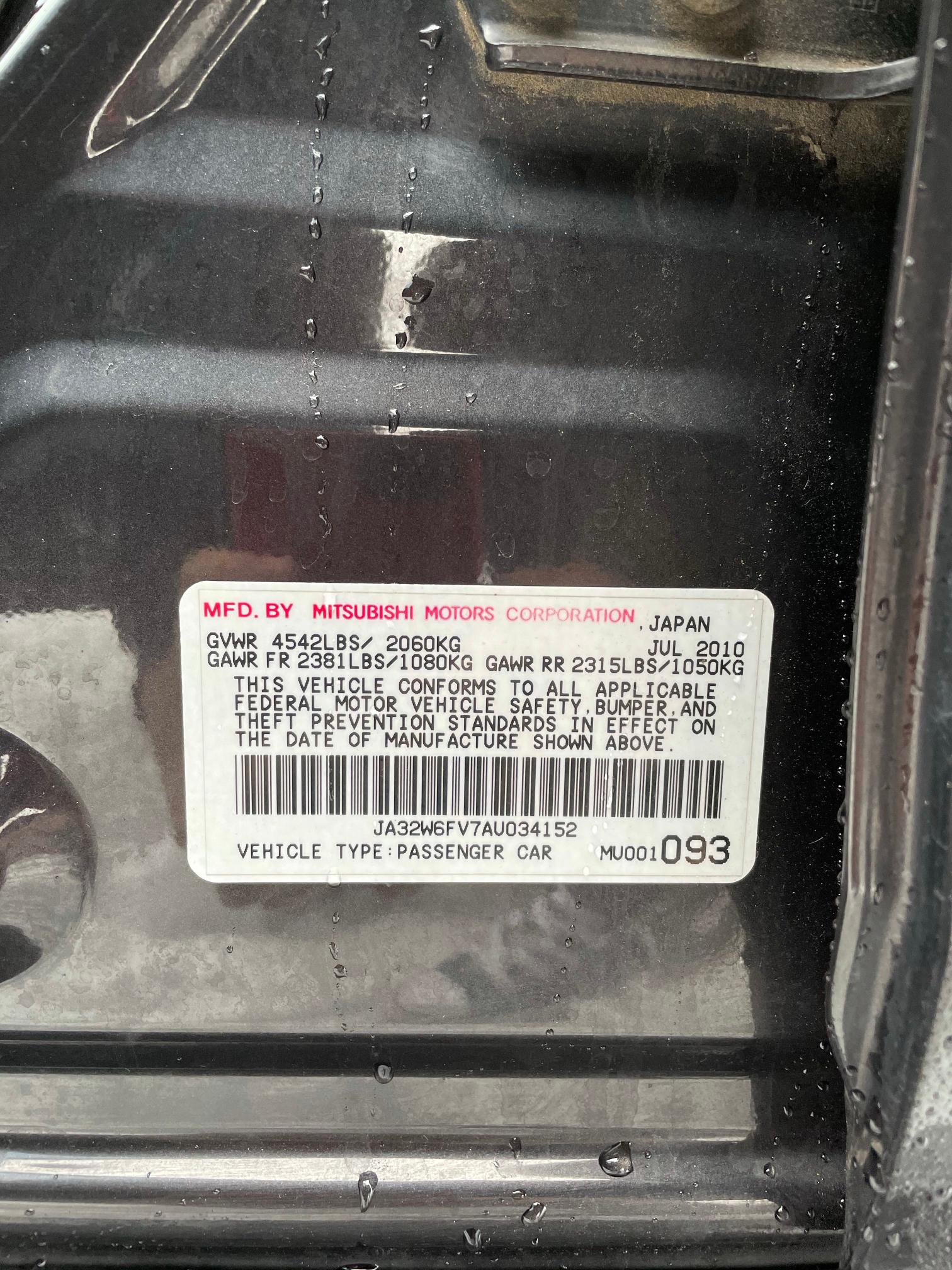 2010 MITSUBISHI LANCER EVO JA32W6FV7AU034152