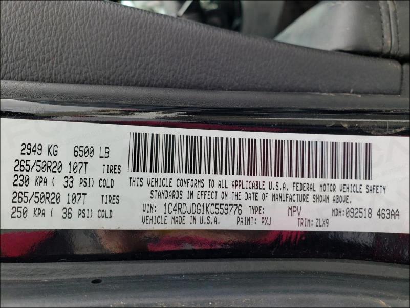 2019 DODGE DURANGO GT 1C4RDJDG1KC559776