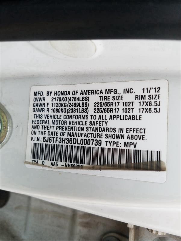 2013 HONDA CROSSTOUR 5J6TF3H36DL000739