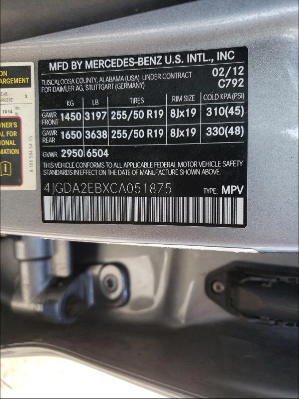 2012 MERCEDES-BENZ ML 350 BLU 4JGDA2EBXCA051875