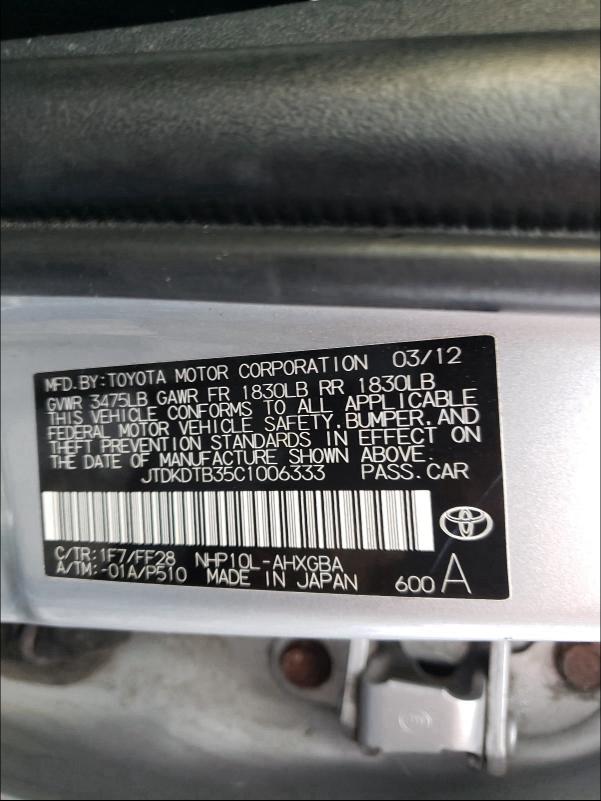 2012 TOYOTA PRIUS C JTDKDTB35C1006333