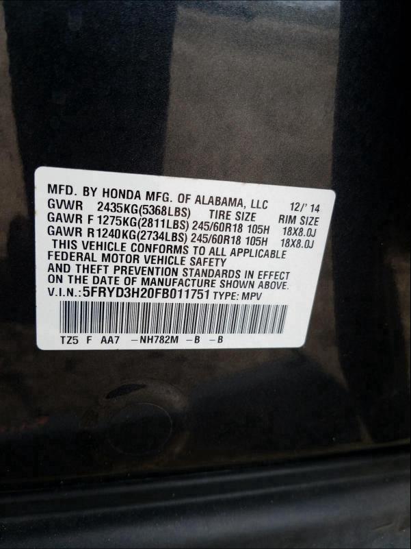 2015 ACURA MDX 5FRYD3H20FB011751