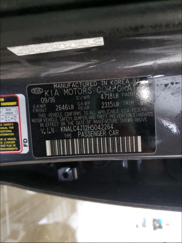 2017 KIA CADENZA PR KNALC4J12H5042264