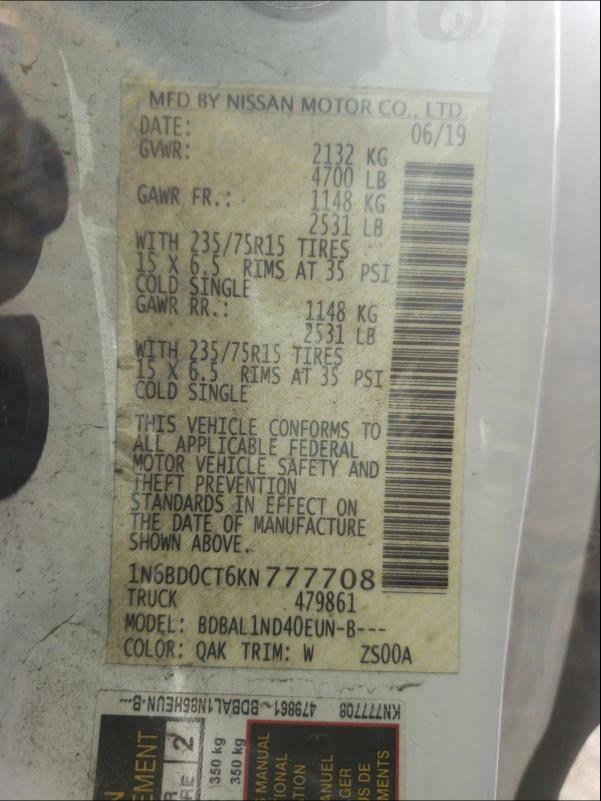 2019 NISSAN FRONTIER S 1N6BD0CT6KN777708