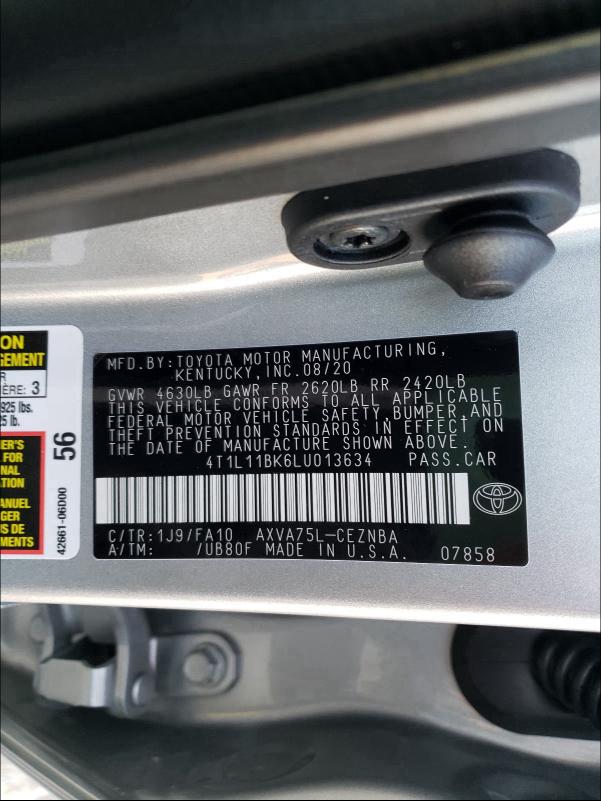 2020 TOYOTA CAMRY LE 4T1L11BK6LU013634
