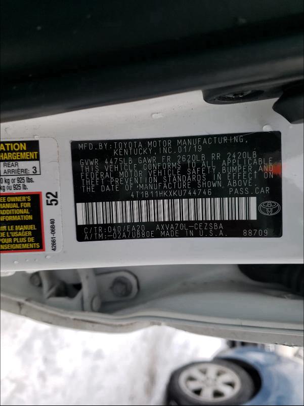 2019 TOYOTA CAMRY 4T1B11HKXKU744746