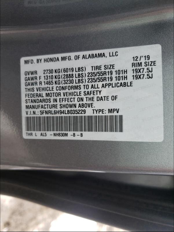 2020 HONDA ODYSSEY EL 5FNRL6H94LB035229