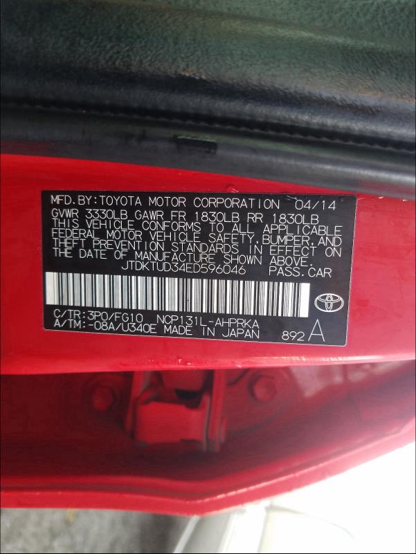 2014 TOYOTA YARIS - JTDKTUD34ED596046
