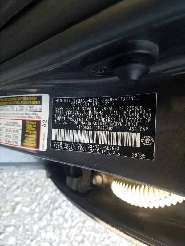 2012 TOYOTA AVALON BAS 4T1BK3DB1CU450782