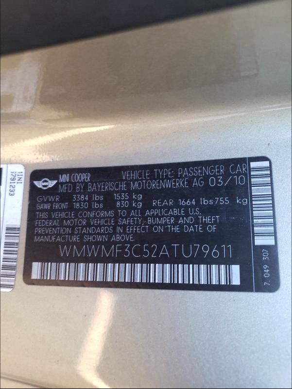2010 MINI COOPER WMWMF3C52ATU79611