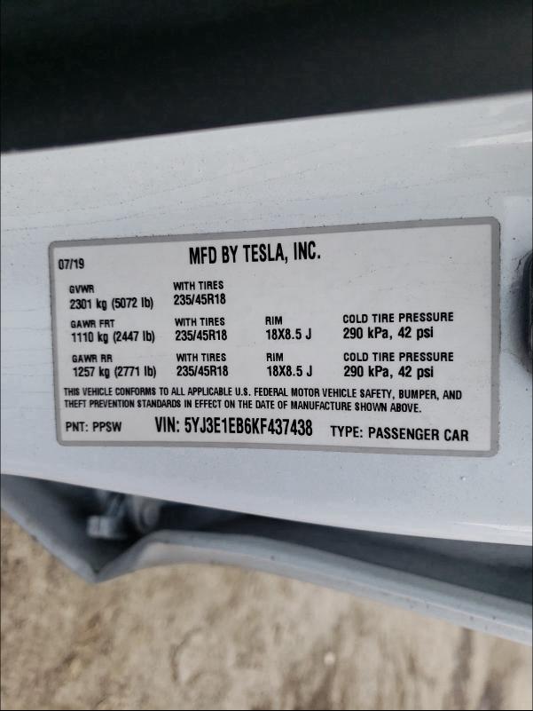 2019 TESLA MODEL 3 5YJ3E1EB6KF437438
