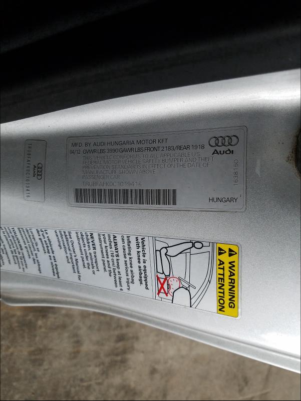 2012 AUDI TT PREMIUM TRUBFAFK0C1019416