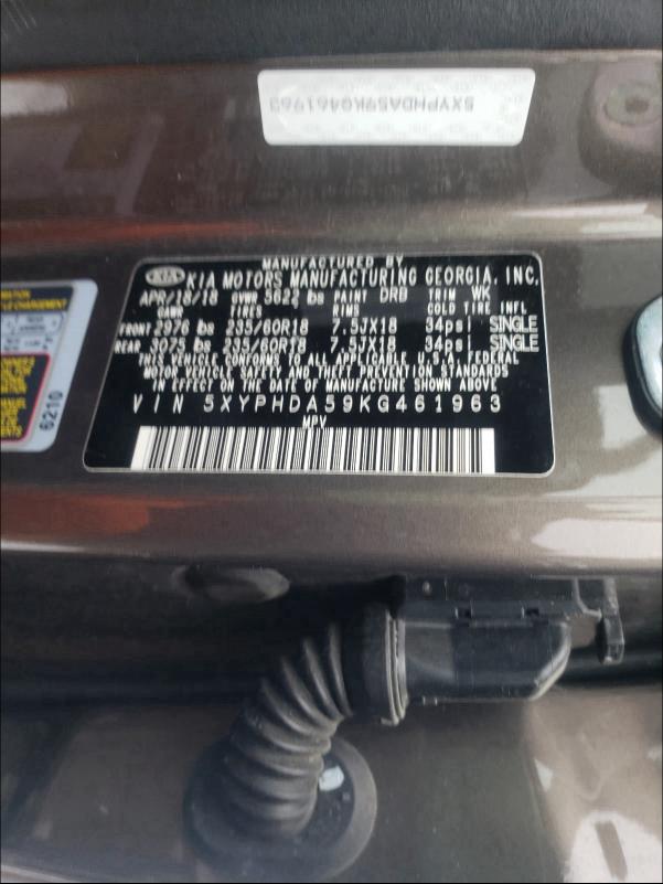2019 KIA SORENTO EX 5XYPHDA59KG461963
