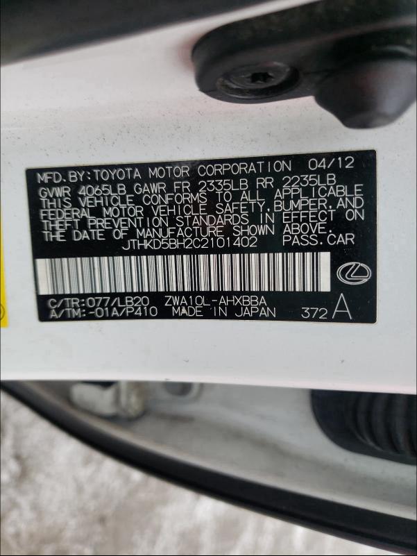 2012 LEXUS CT 200 JTHKD5BH2C2101402