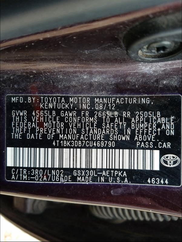 2012 TOYOTA AVALON BAS 4T1BK3DB7CU469790