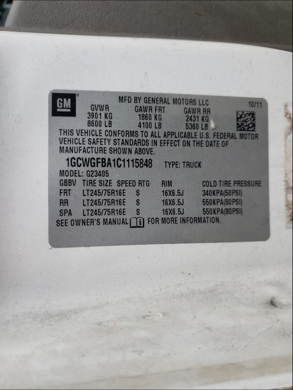 2012 CHEVROLET EXPRESS G2 1GCWGFBA1C1115848
