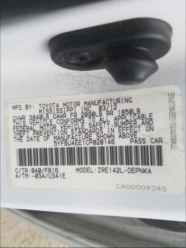 2012 TOYOTA COROLLA BA - 5YFBU4EE1CP020146