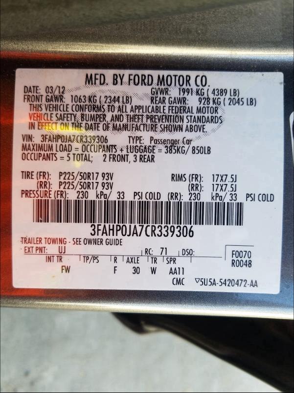 2012 FORD FUSION SEL 3FAHP0JA7CR339306