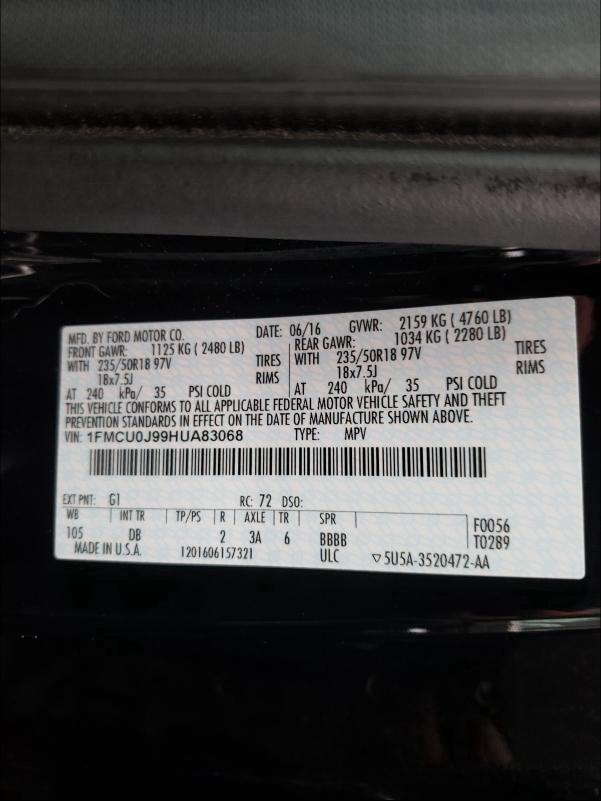 2017 FORD ESCAPE TIT - 1FMCU0J99HUA83068