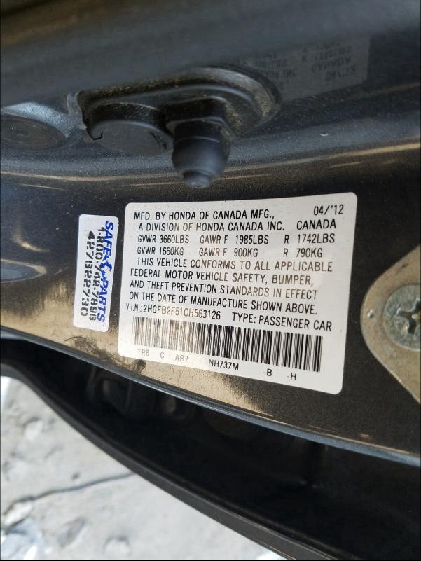 2012 HONDA CIVIC LX 2HGFB2F51CH563126